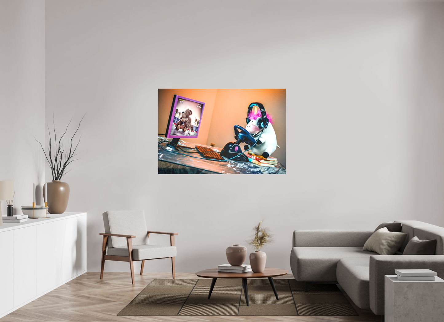 150 x 100 cm, Foto-Leinwand matt Wandbild süsses Einhorn Kuscheltier auf dem Bücherstapel Deko Kinderzimmer