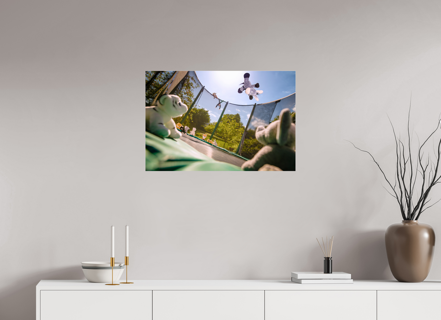 75 x 50 cm, Photo Print Under Acrylic Glass Wandbild Esel Kuscheltiere auf dem Trampolin Deko Kinderzimmer