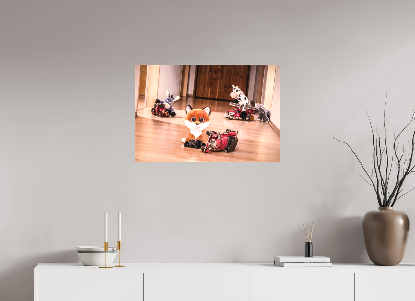 75 x 50 cm, Leinwand 40mm Leinwand Wandbild süsser Fuchs Kuscheltier spielt mit Blechauto Deko Kinderzimmer