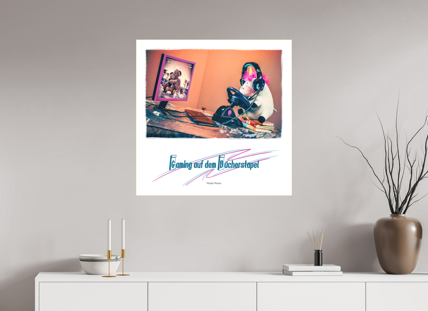 80 x 80 cm, Slimline-Einfassung gold Rahmen Wandbild Kuscheltiere Deko Kinderzimmer Einhorn Zocker_q