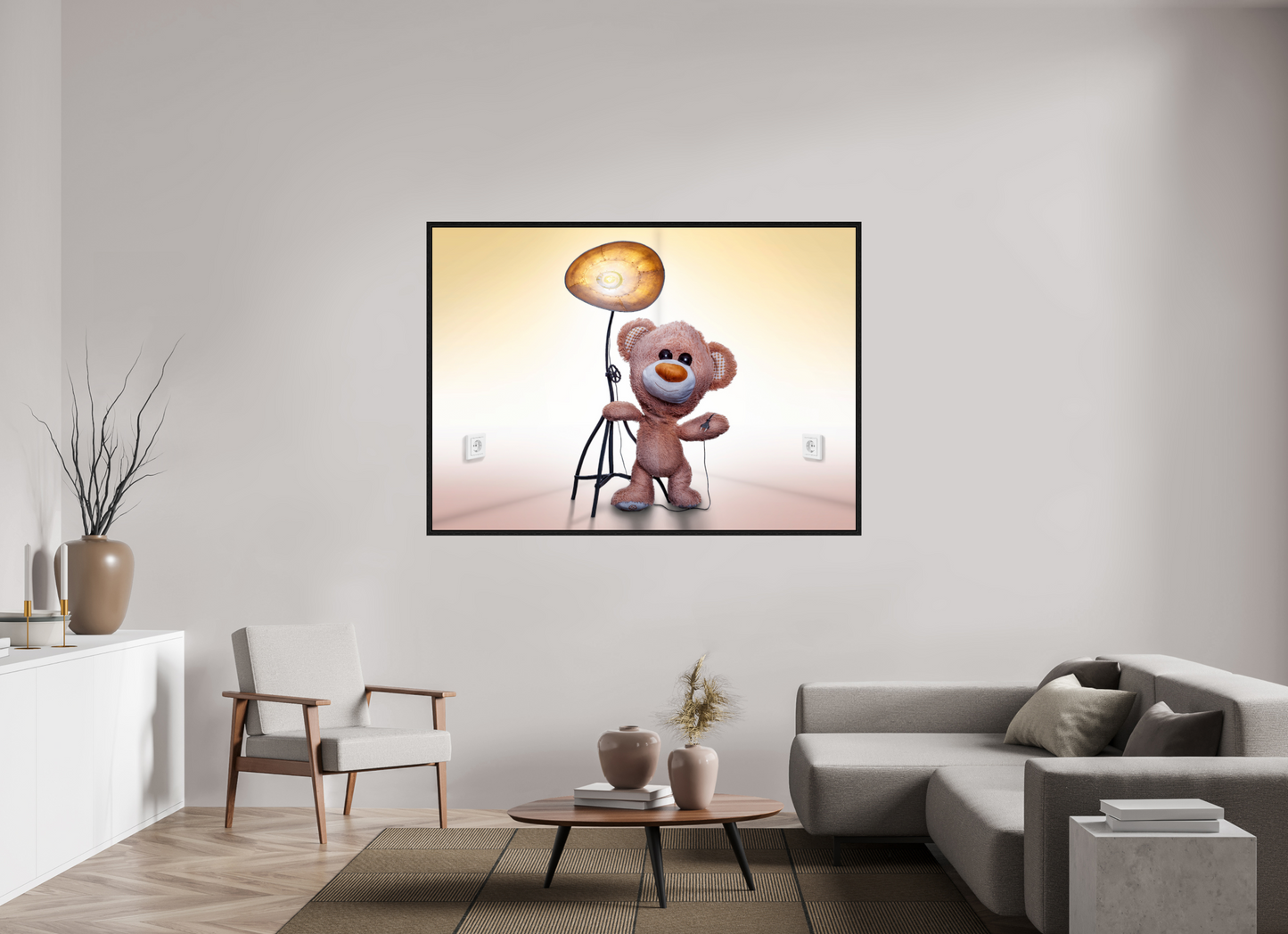 167,9 x 120 cm, Floater Frame Wandbild süßer brauner Teddybär Kuscheltier und die Wunderlampe Deko Kinderzimmer