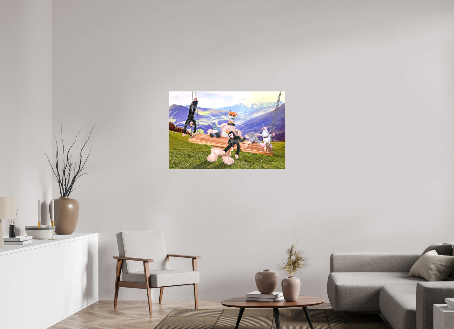 105 x 70 cm, Foto-Leinwand 20mm matt Leinwand Wandbild Kuscheltiere Deko Kinderzimmer Auf der Schaukel_6