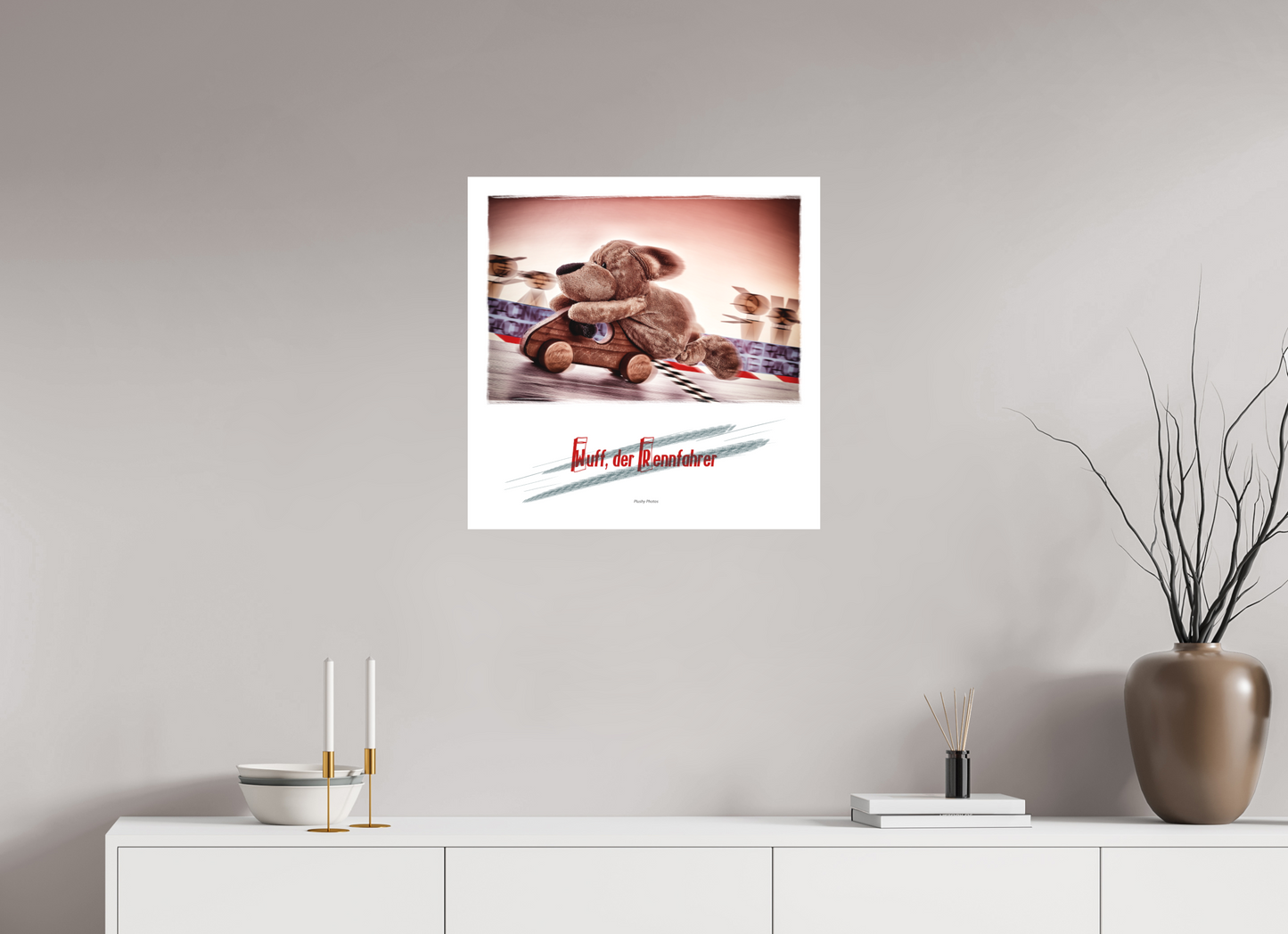 60 x 60 cm, Slimline-Einfassung weiss Rahmen Wandbild Kuscheltiere Deko Kinderzimmer Wuff Rennfahrer_q