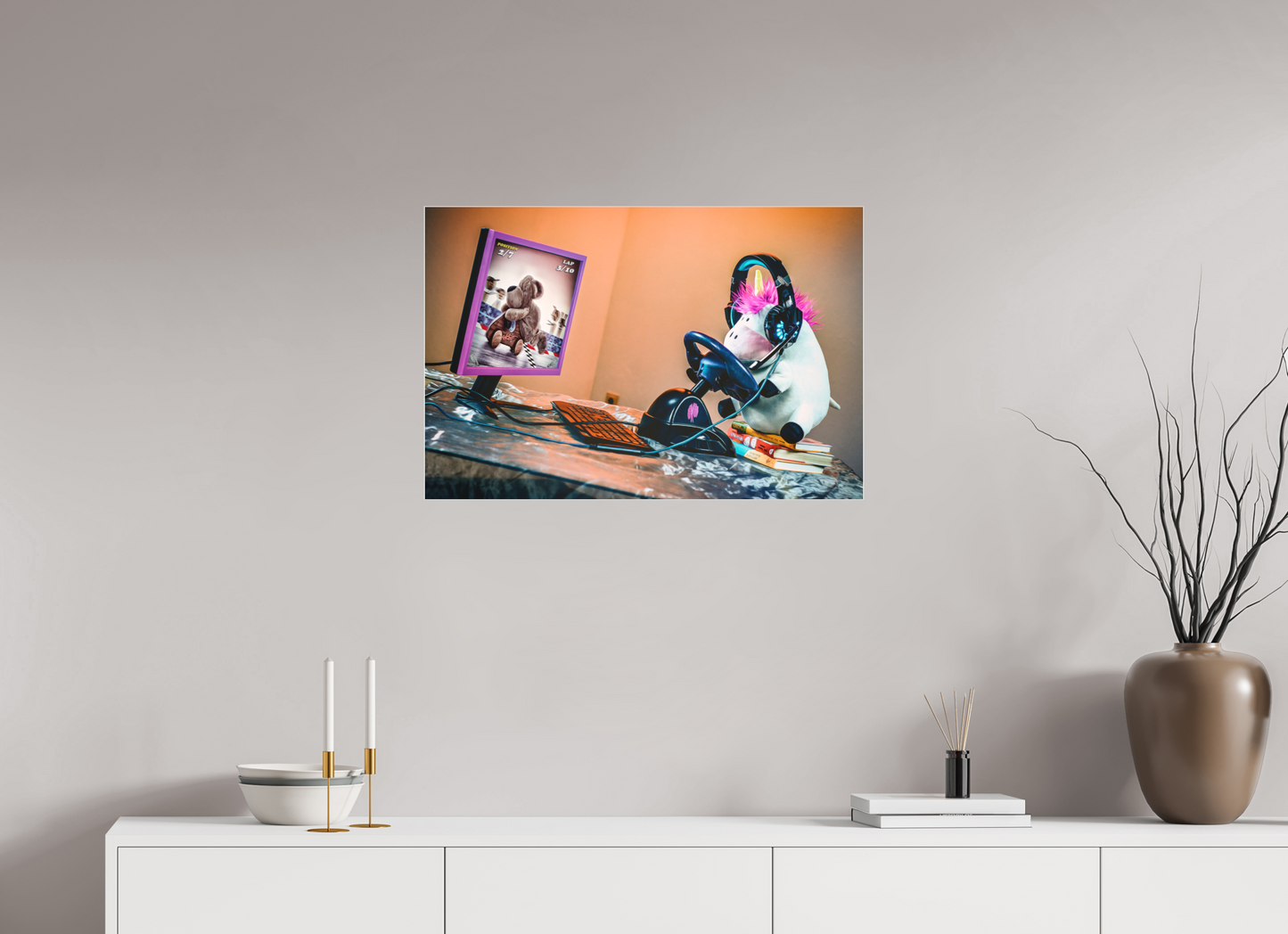 75 x 50 cm, Slimline-Einfassung silber Rahmen Wandbild Kuscheltiere Deko Kinderzimmer Einhorn Zocker_6