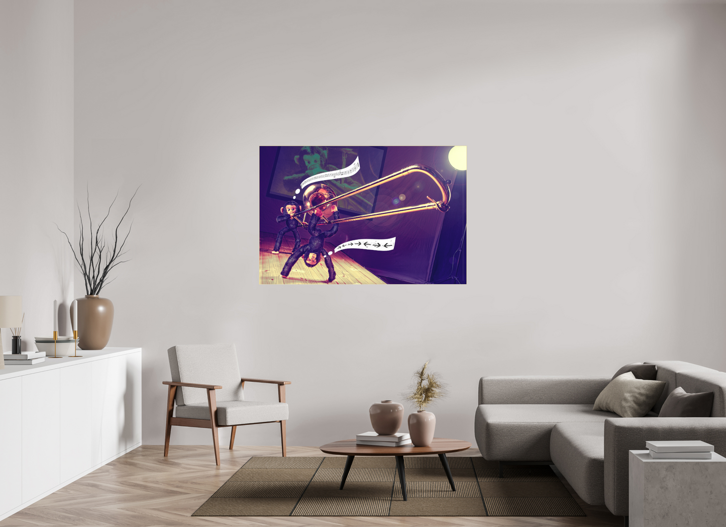 150 x 100 cm, Slimline-Einfassung gold Rahmen Wandbild Kuscheltiere Deko Kinderzimmer Affen spielen Posaune_6