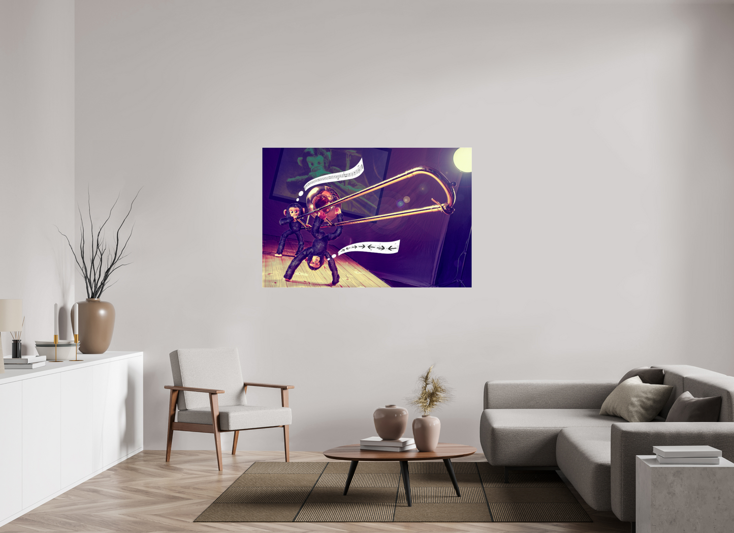 150 x 100 cm, Photo Print Under Acrylic Glass Plushy Monkeys are playing a Trombone