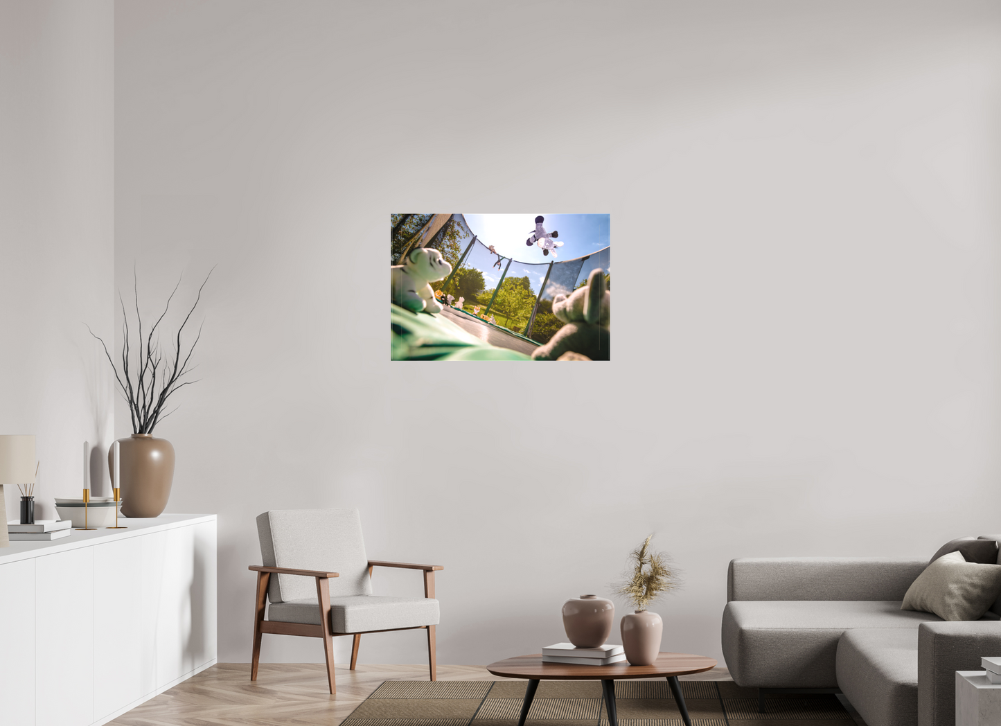 90 x 60 cm, Foto-Leinwand matt Wandbild Esel Kuscheltiere auf dem Trampolin Deko Kinderzimmer