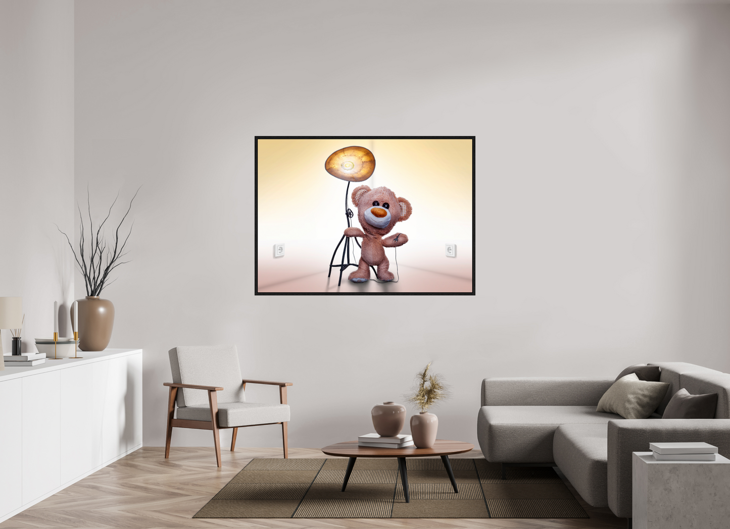 153,9 x 110 cm, Floater Frame Wandbild süßer brauner Teddybär Kuscheltier und die Wunderlampe Deko Kinderzimmer