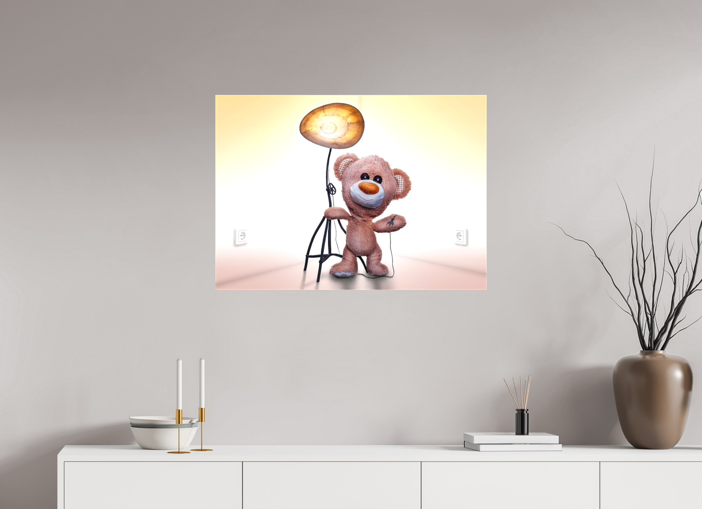 84 x 60 cm, Foto-Leinwand matt Wandbild süßer brauner Teddybär Kuscheltier und die Wunderlampe Deko Kinderzimmer