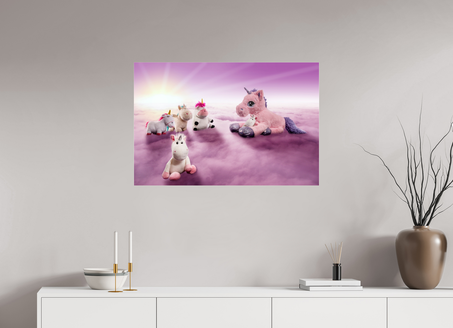 90 x 60 cm, Photo Print Under Acrylic Glass Das Treffen der Einhörner auf den Wolken