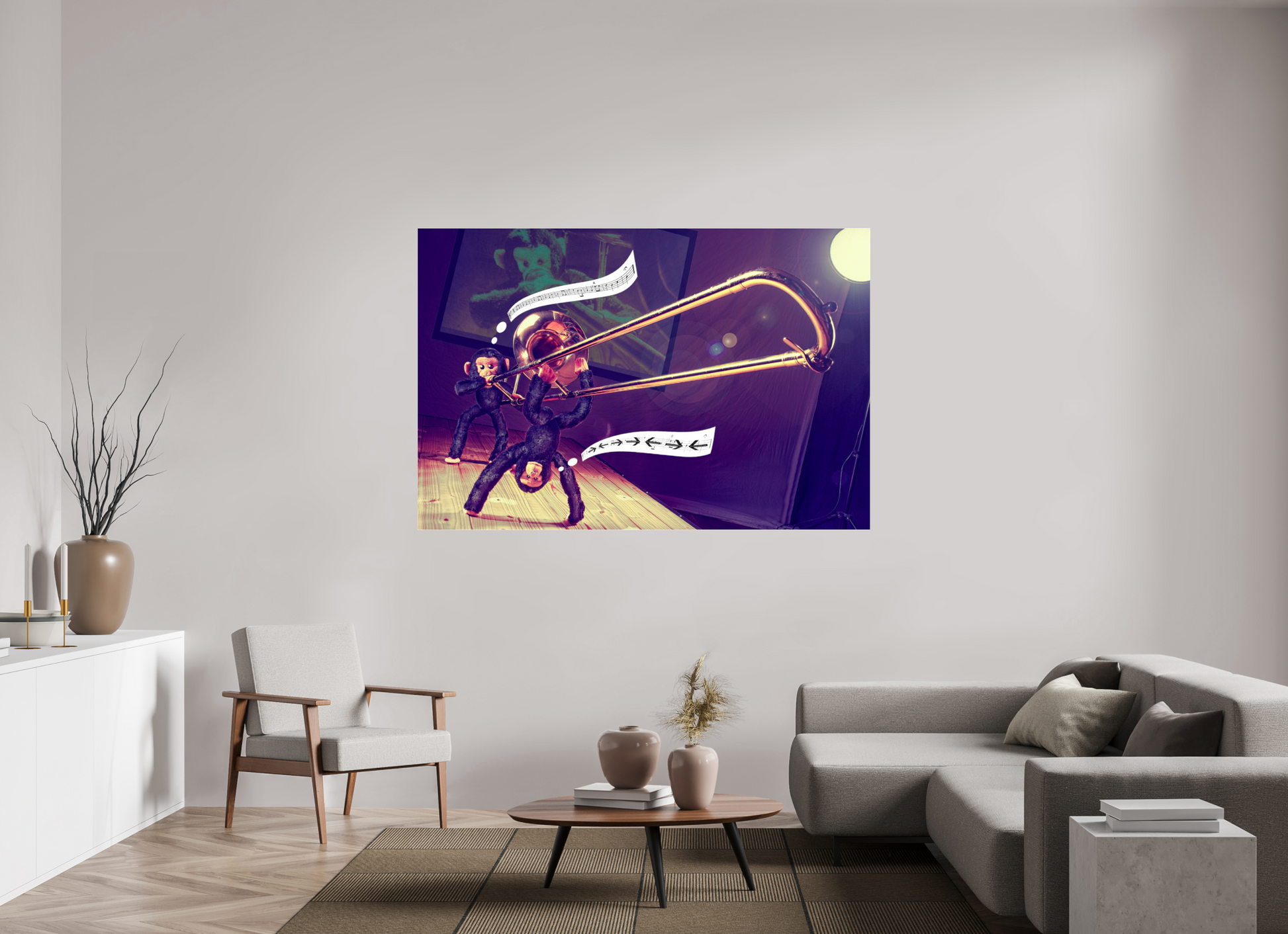 180 x 120 cm, Photo Print Under Acrylic Glass Zwei Affen und eine Posaune -