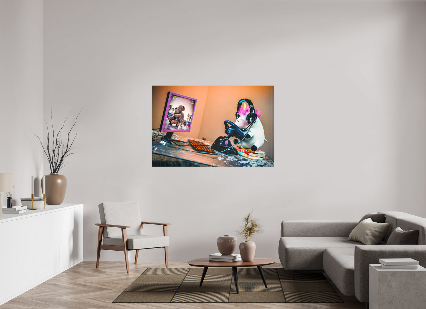 150 x 100 cm, Slimline-Einfassung gold Rahmen Wandbild Kuscheltiere Deko Kinderzimmer Einhorn Zocker_6