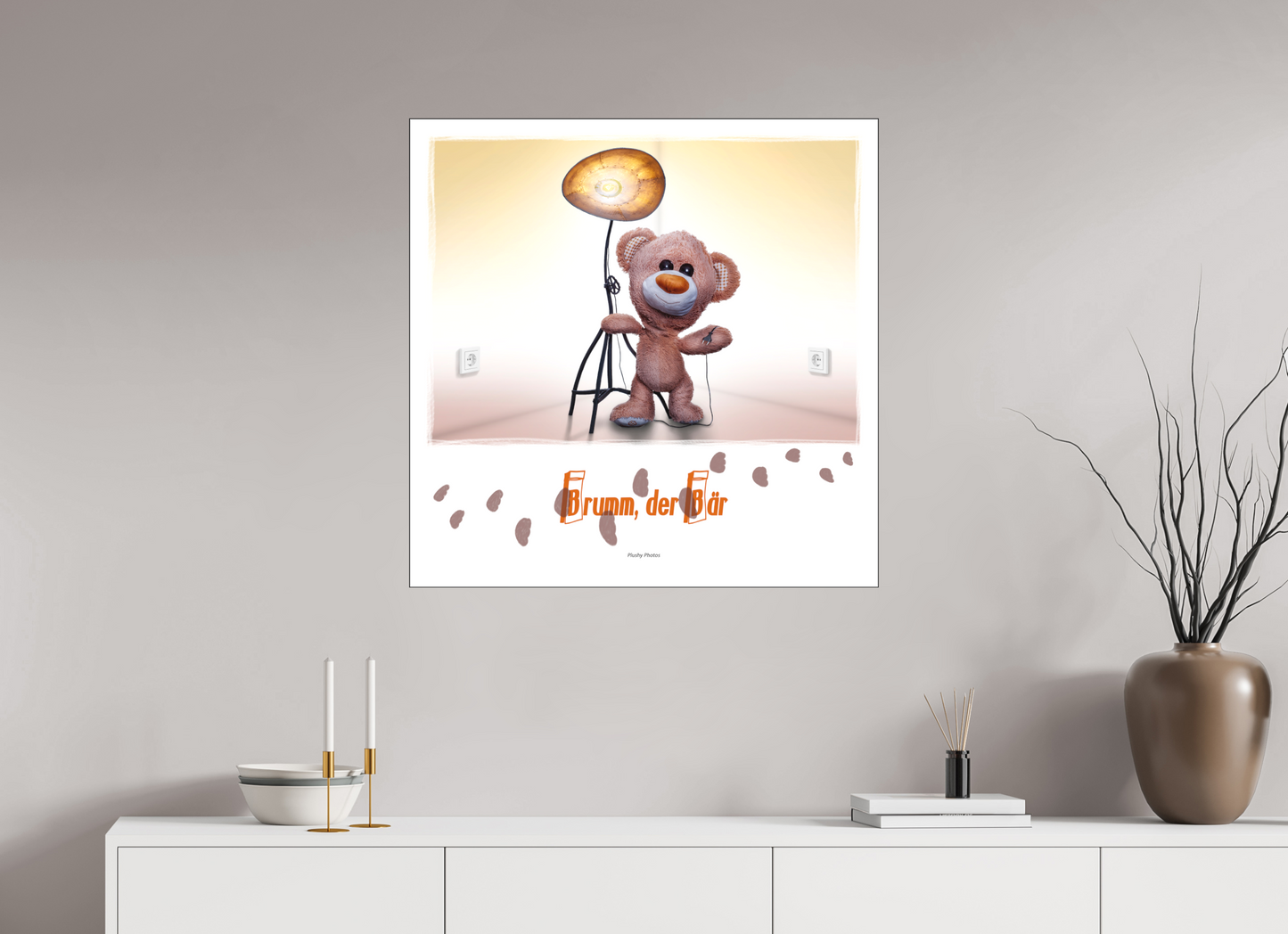 80 x 80 cm, Slimline-Einfassung schwarz Rahmen Wandbild Kuscheltiere Deko Kinderzimmer Teddybaer Brumm_q