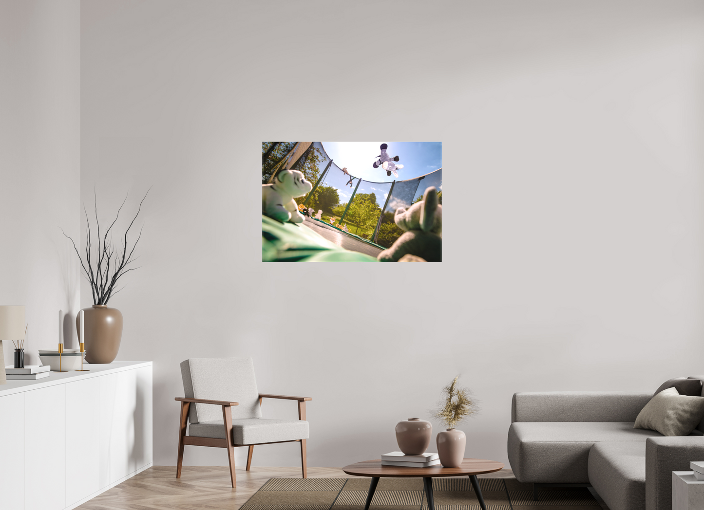 105 x 70 cm, Foto-Leinwand matt Wandbild Esel Kuscheltiere auf dem Trampolin Deko Kinderzimmer
