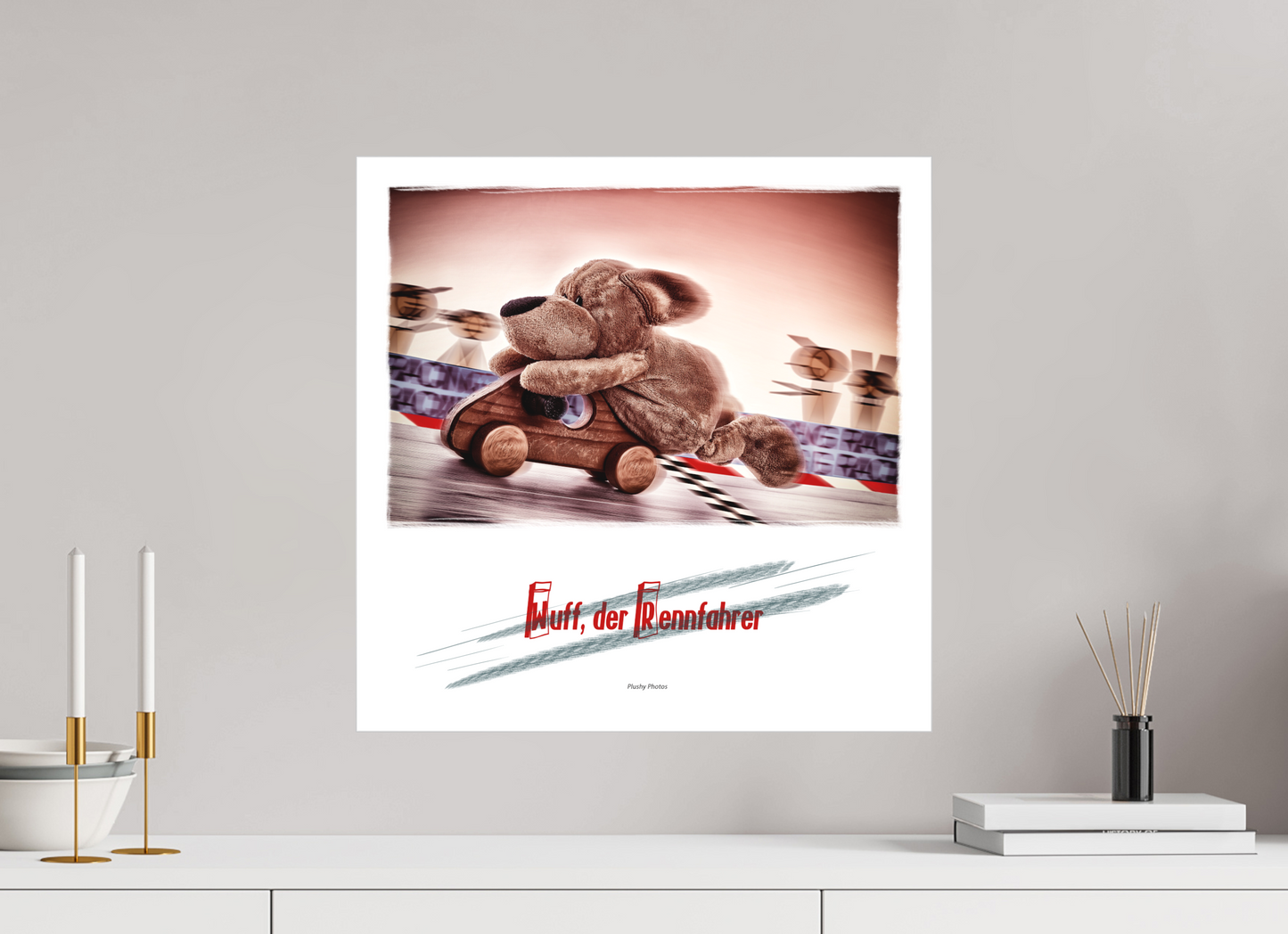 50 x 50 cm, Slimline-Einfassung silber Rahmen Wandbild Kuscheltiere Deko Kinderzimmer Wuff Rennfahrer_q