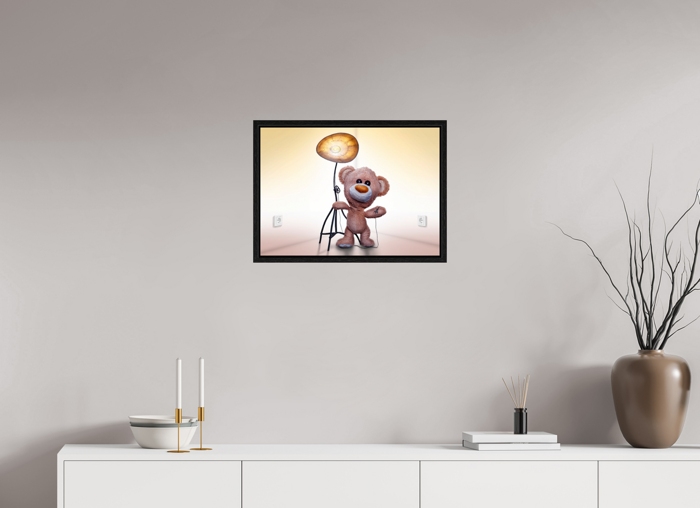 56 x 40 cm, Floater Frame Wandbild süßer brauner Teddybär Kuscheltier und die Wunderlampe Deko Kinderzimmer