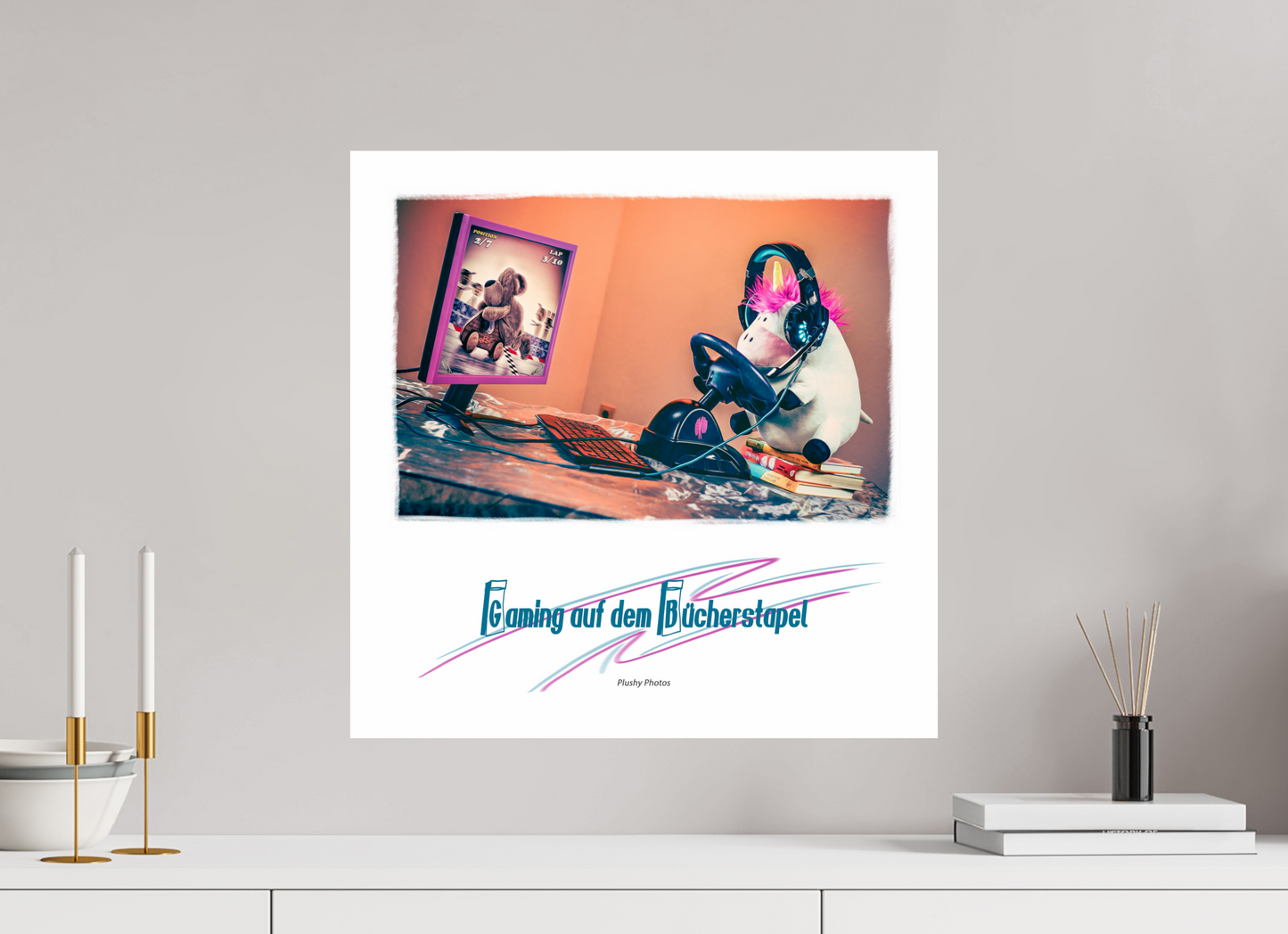 50 x 50 cm, Fotoprint Fuji + Schutz + Rand Fotopapier Wandbild Kuscheltiere Deko Kinderzimmer Einhorn Zocker_q
