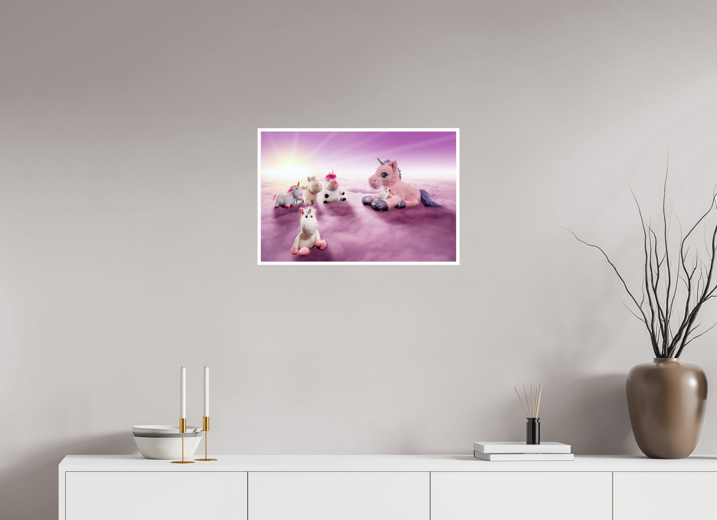 60 x 40 cm, Acrylglas 2mm Rand Acrylglas Wandbild weiße Einhörner Kuscheltiere auf den Wolken Deko Kinderzimmer