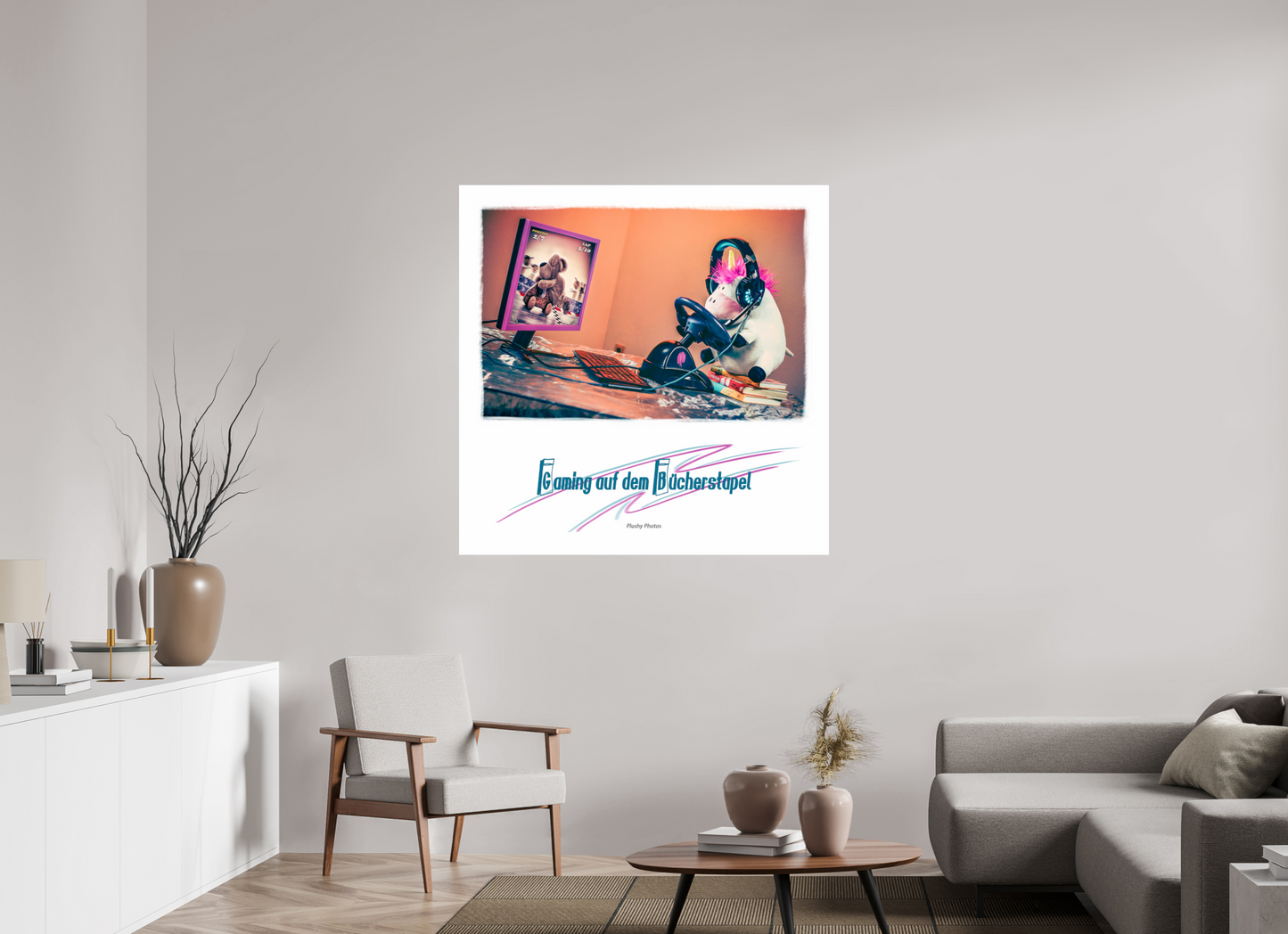 120 x 120 cm, Photo Print On Fuji Crystal DP II Plushy Gaming auf dem Buecherstapel Wanddeko Quadrat