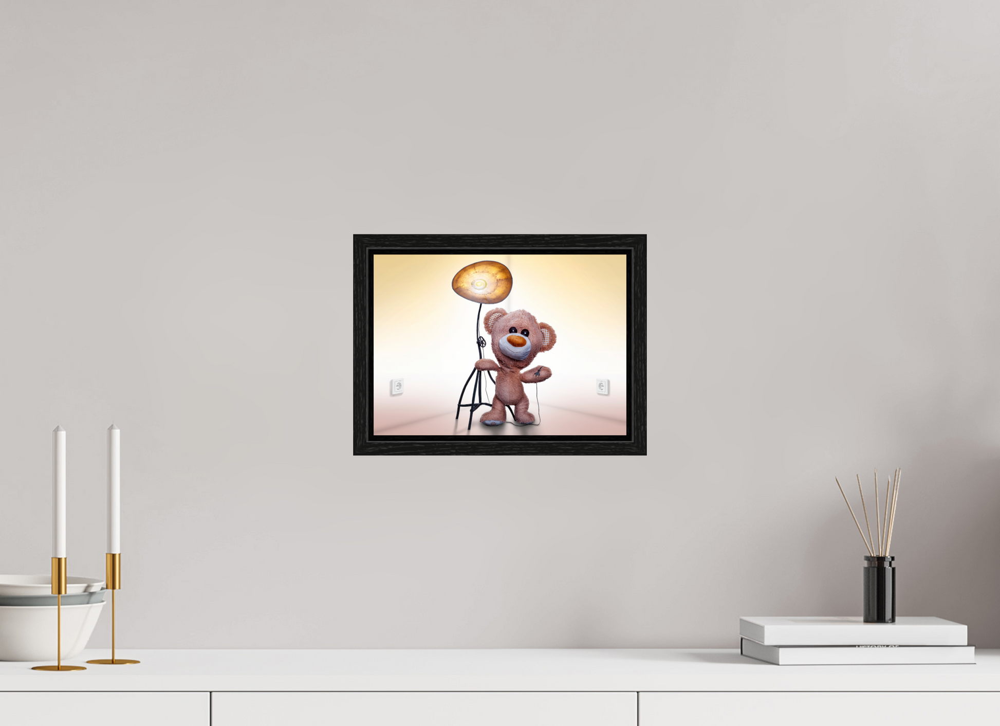 28 x 20 cm, Floater Frame Wandbild süßer brauner Teddybär Kuscheltier und die Wunderlampe Deko Kinderzimmer