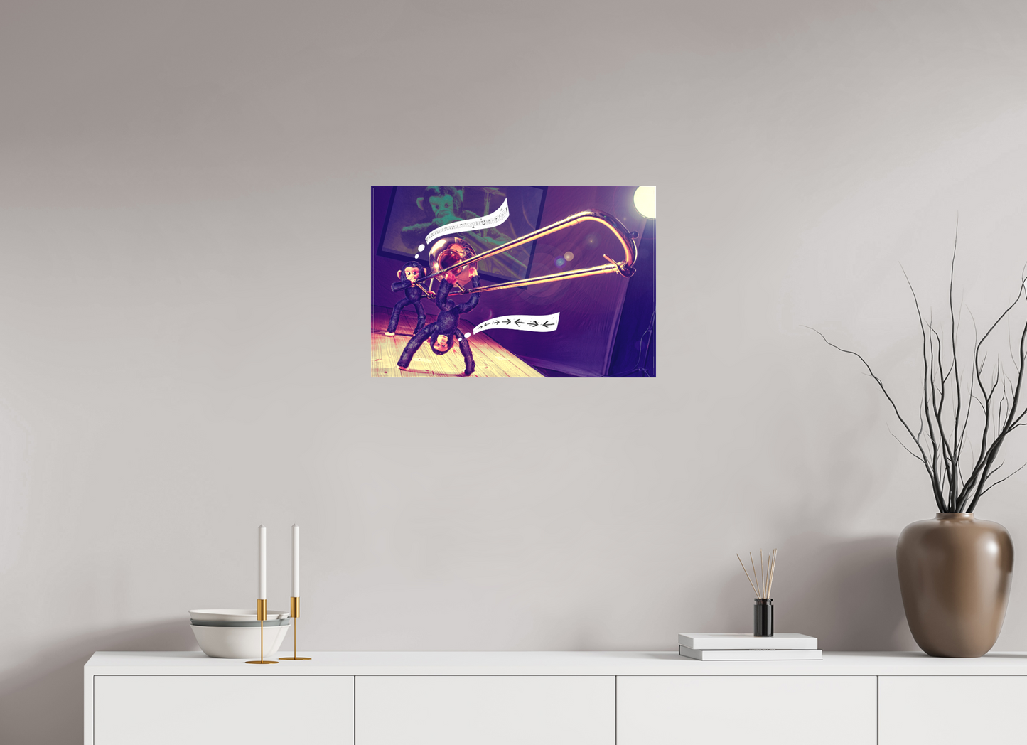 60 x 40 cm, Foto-Leinwand matt Wandbild Affen Kuscheltiere spielen Posaune Deko Kinderzimmer