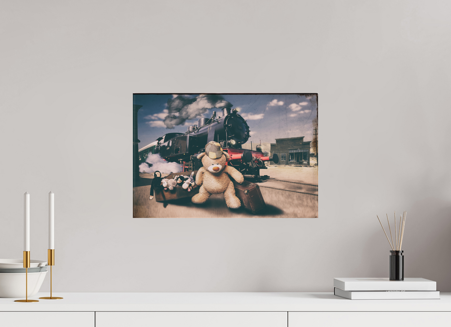 45 x 30 cm, Foto-Leinwand 20mm matt Leinwand Wandbild Kuscheltiere Deko Kinderzimmer Teddybär auf Zeitreise