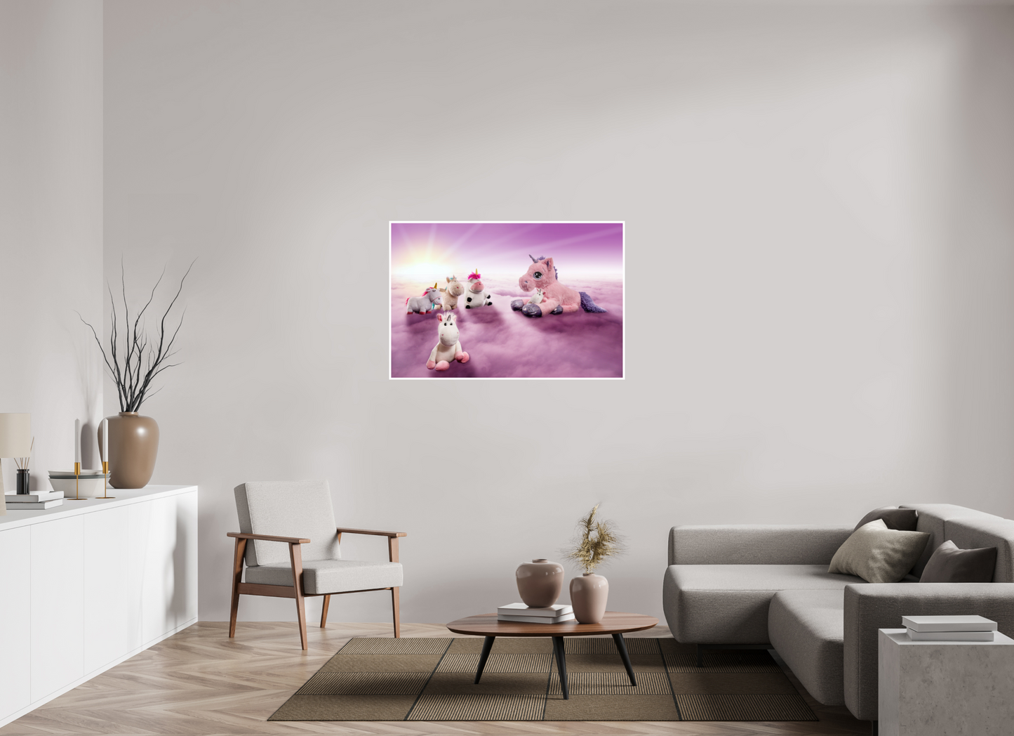 120 x 80 cm, Acrylglas 6mm Rand Acrylglas Wandbild weiße Einhörner Kuscheltiere auf den Wolken Deko Kinderzimmer