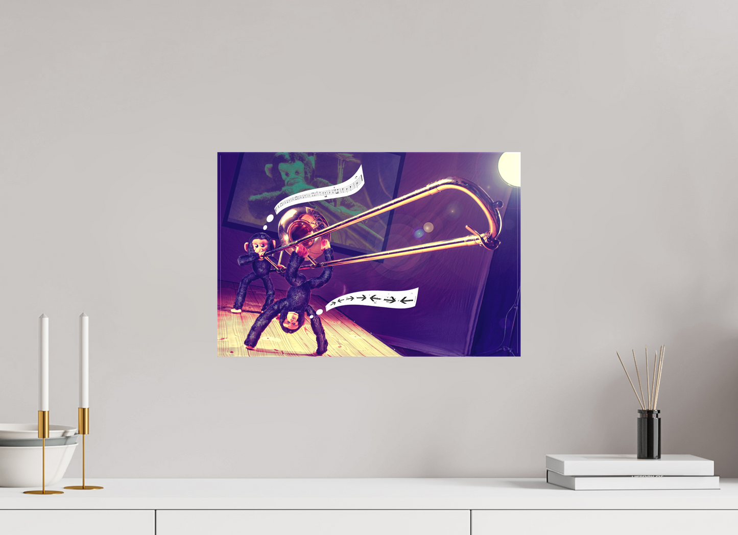 45 x 30 cm, Foto-Leinwand matt Wandbild Affen Kuscheltiere spielen Posaune Deko Kinderzimmer