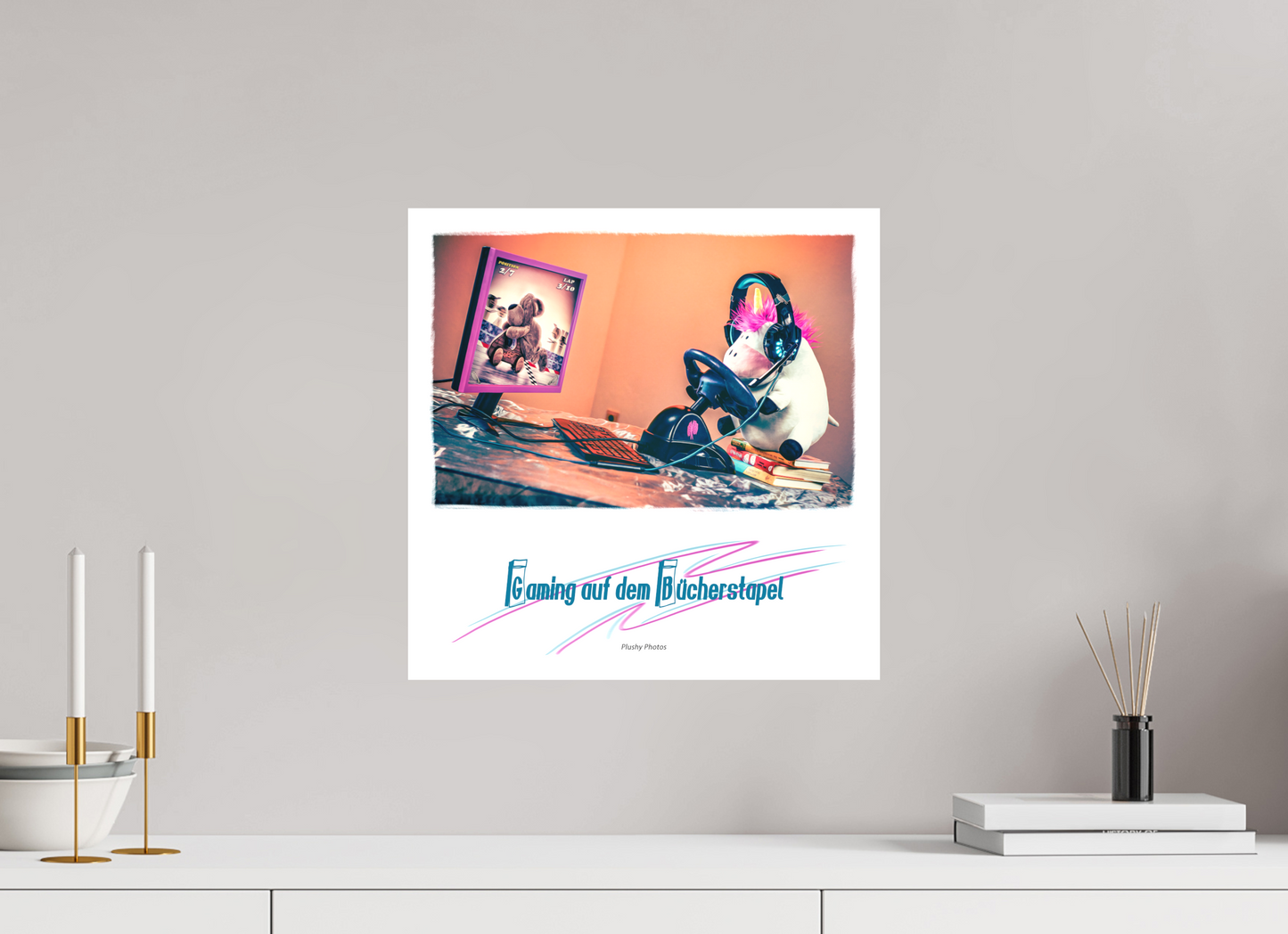 40 x 40 cm, Foto-Leinwand matt Leinwand Wandbild süsses Einhorn Kuscheltier auf dem Bücherstapel Deko Kinderzimmer