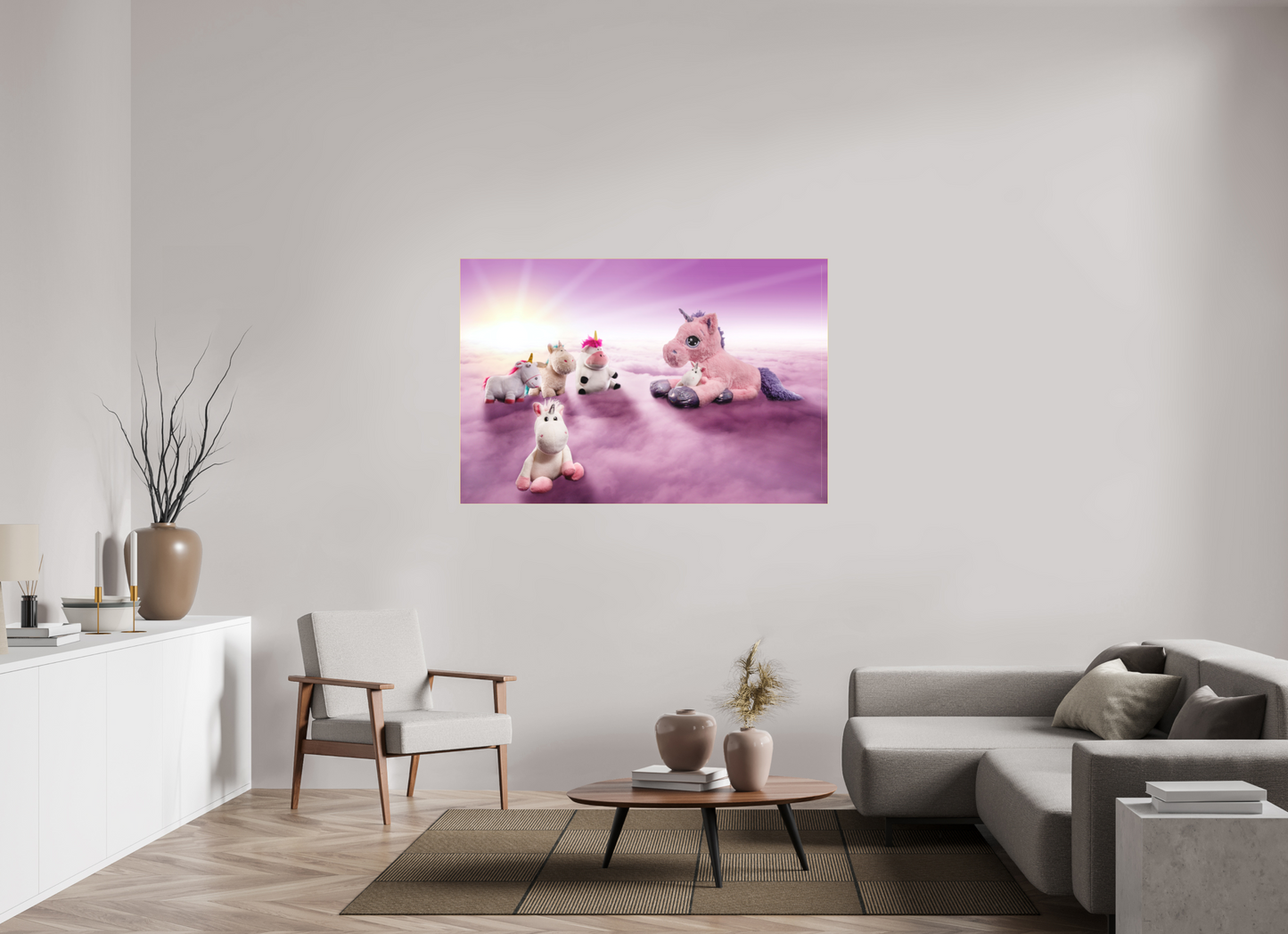 150 x 100 cm, Slimline-Einfassung gold Rahmen Wandbild Kuscheltiere Deko Kinderzimmer Einhorntreffen_6