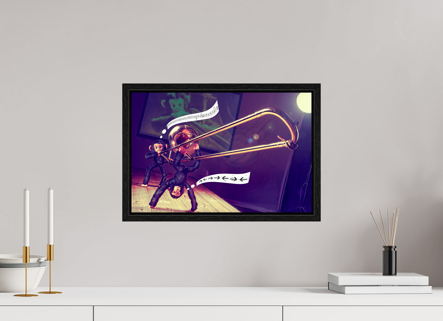 45 x 30 cm, Floater Frame Zwei Affen und eine Posaune -