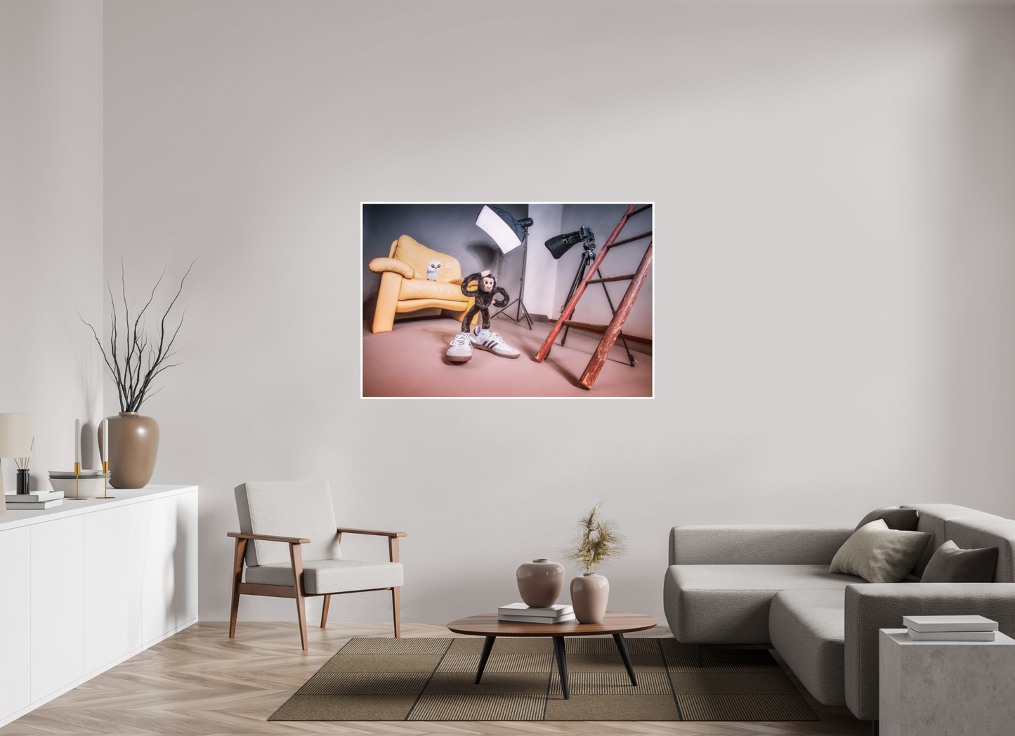 150 x 100 cm, Acrylglas 4mm Rand Acrylglas Wandbild Affe und Eule Kuscheltiere im Fotostudio Deko Kinderzimmer