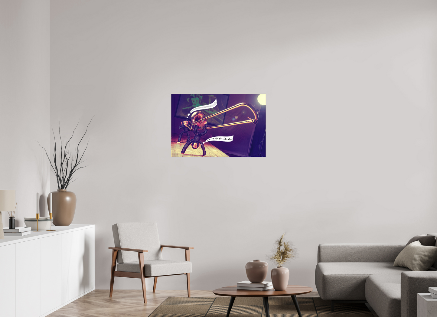 90 x 60 cm, Slimline-Einfassung gold Rahmen Wandbild Kuscheltiere Deko Kinderzimmer Affen spielen Posaune_6