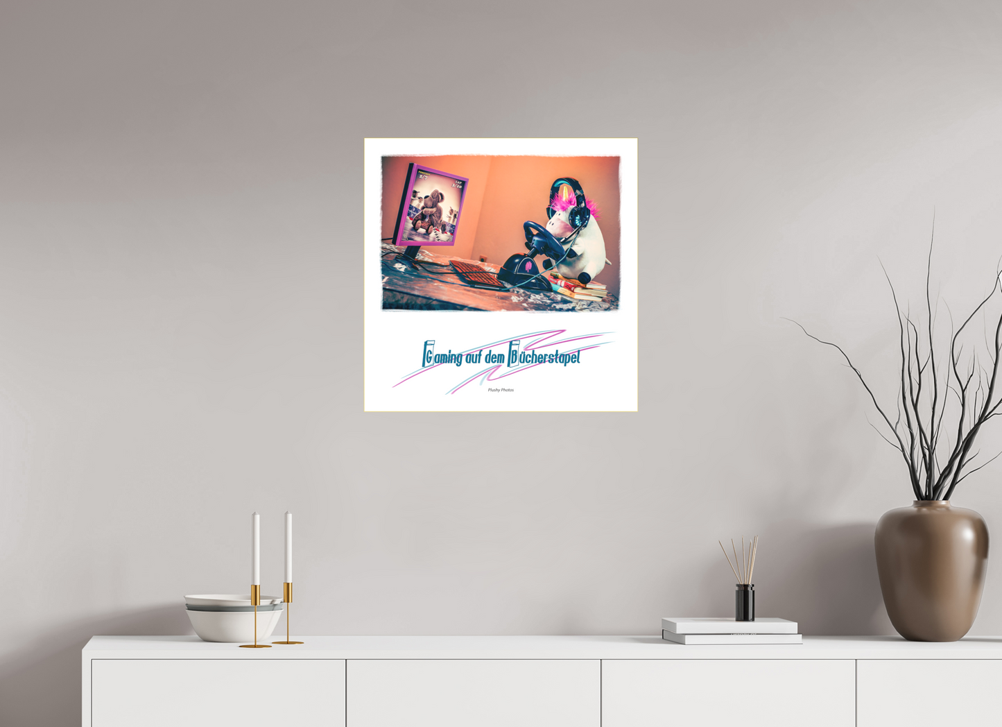 60 x 60 cm, Slimline-Einfassung gold Rahmen Wandbild Kuscheltiere Deko Kinderzimmer Einhorn Zocker_q