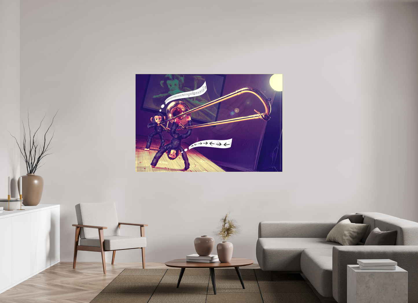 180 x 120 cm, Slimline-Einfassung gold Rahmen Wandbild Kuscheltiere Deko Kinderzimmer Affen spielen Posaune_6