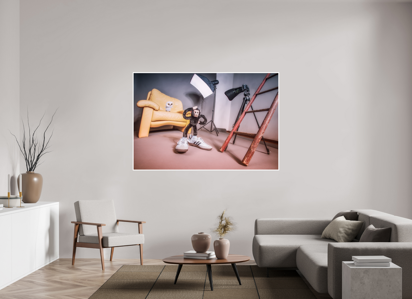 180 x 120 cm, Acrylglas 4mm Rand Acrylglas Wandbild Affe und Eule Kuscheltiere im Fotostudio Deko Kinderzimmer