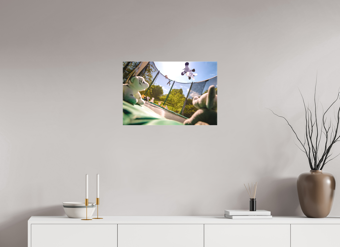 60 x 40 cm, Foto-Leinwand matt Wandbild Esel Kuscheltiere auf dem Trampolin Deko Kinderzimmer