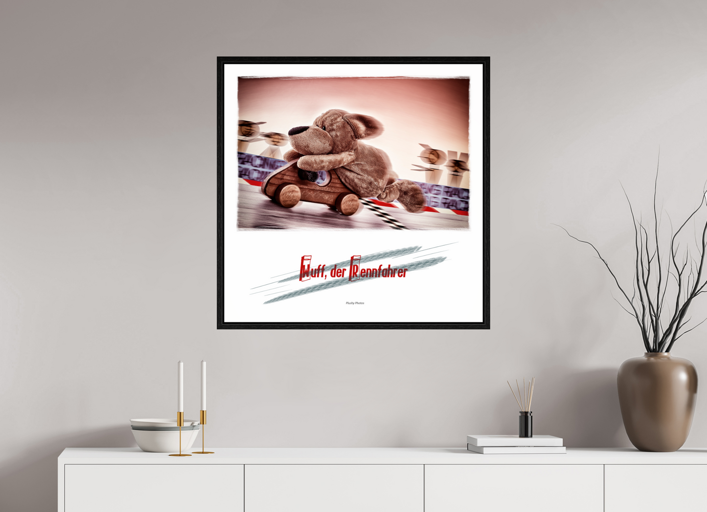 80 x 80 cm, Floater Frame Wuff der Rennfahrer