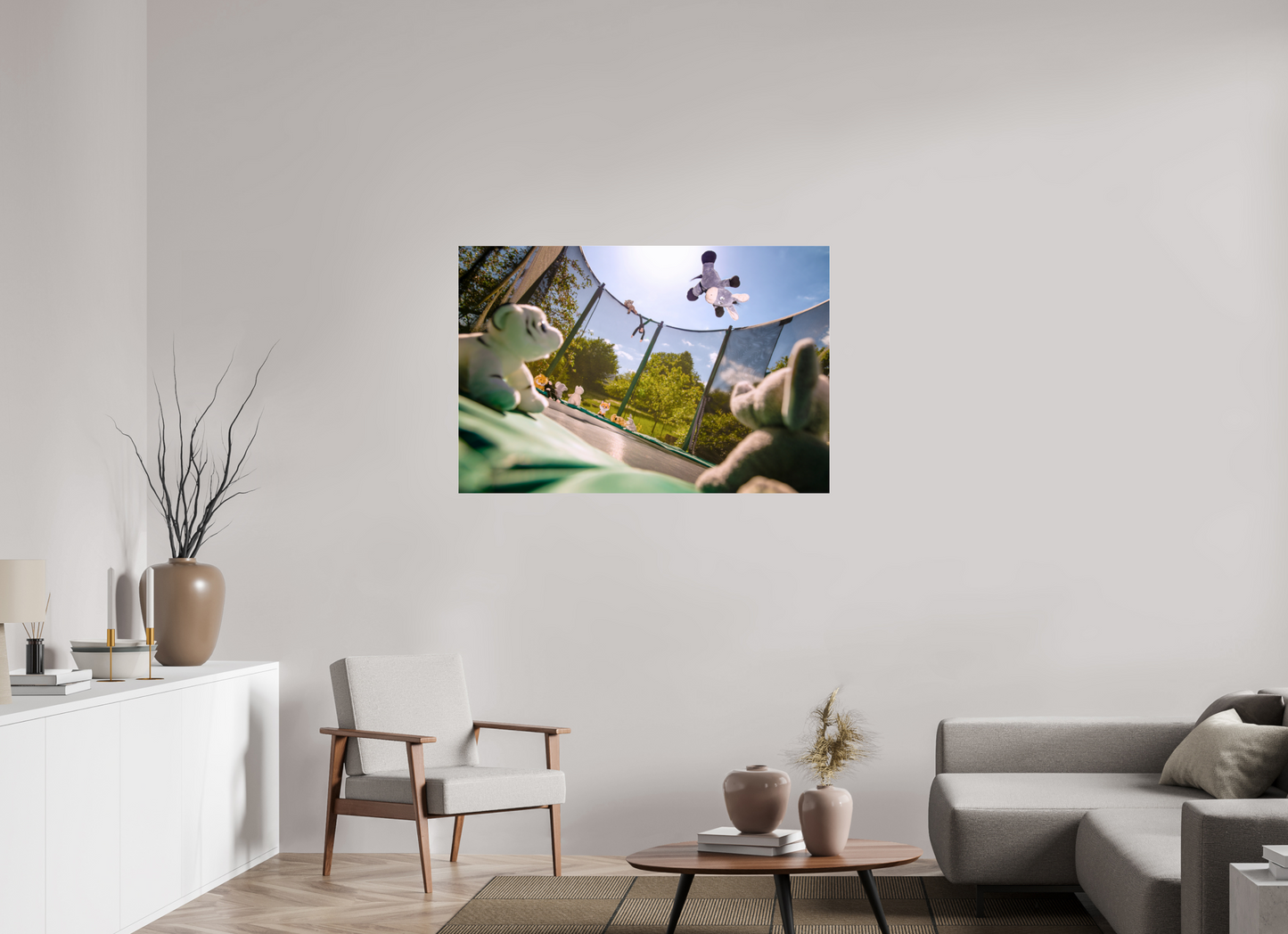 120 x 80 cm, Photo Print Under Acrylic Glass Wandbild Esel Kuscheltiere auf dem Trampolin Deko Kinderzimmer