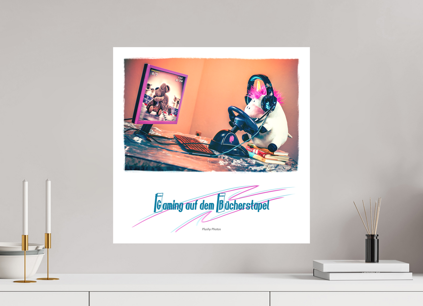 50 x 50 cm, Leinwand 40mm Leinwand Wandbild süsses Einhorn Kuscheltier auf dem Bücherstapel Deko Kinderzimmer