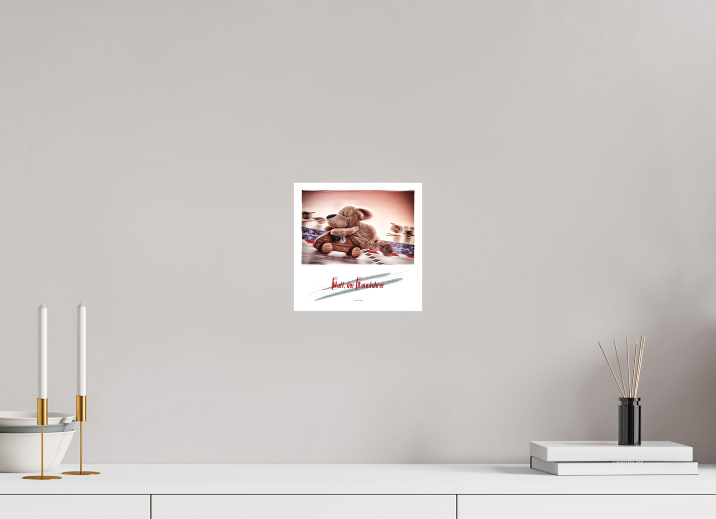 20 x 20 cm, Slimline-Einfassung weiss Rahmen Wandbild Kuscheltiere Deko Kinderzimmer Wuff Rennfahrer_q