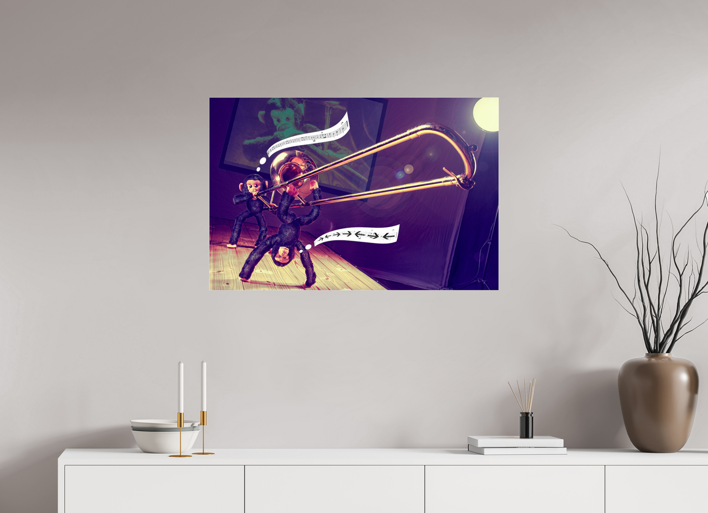 90 x 60 cm, Photo Print Under Acrylic Glass Plushy Monkeys are playing a Trombone