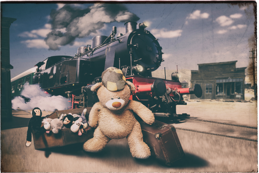 Main image Leinwand Wandbild Kuscheltiere Deko Kinderzimmer Teddybär auf Zeitreise