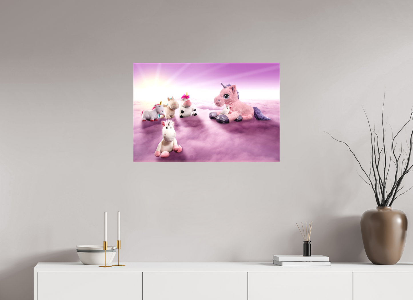 75 x 50 cm, Leinwand 60mm Leinwand Wandbild weiße Einhörner Kuscheltiere auf den Wolken Deko Kinderzimmer