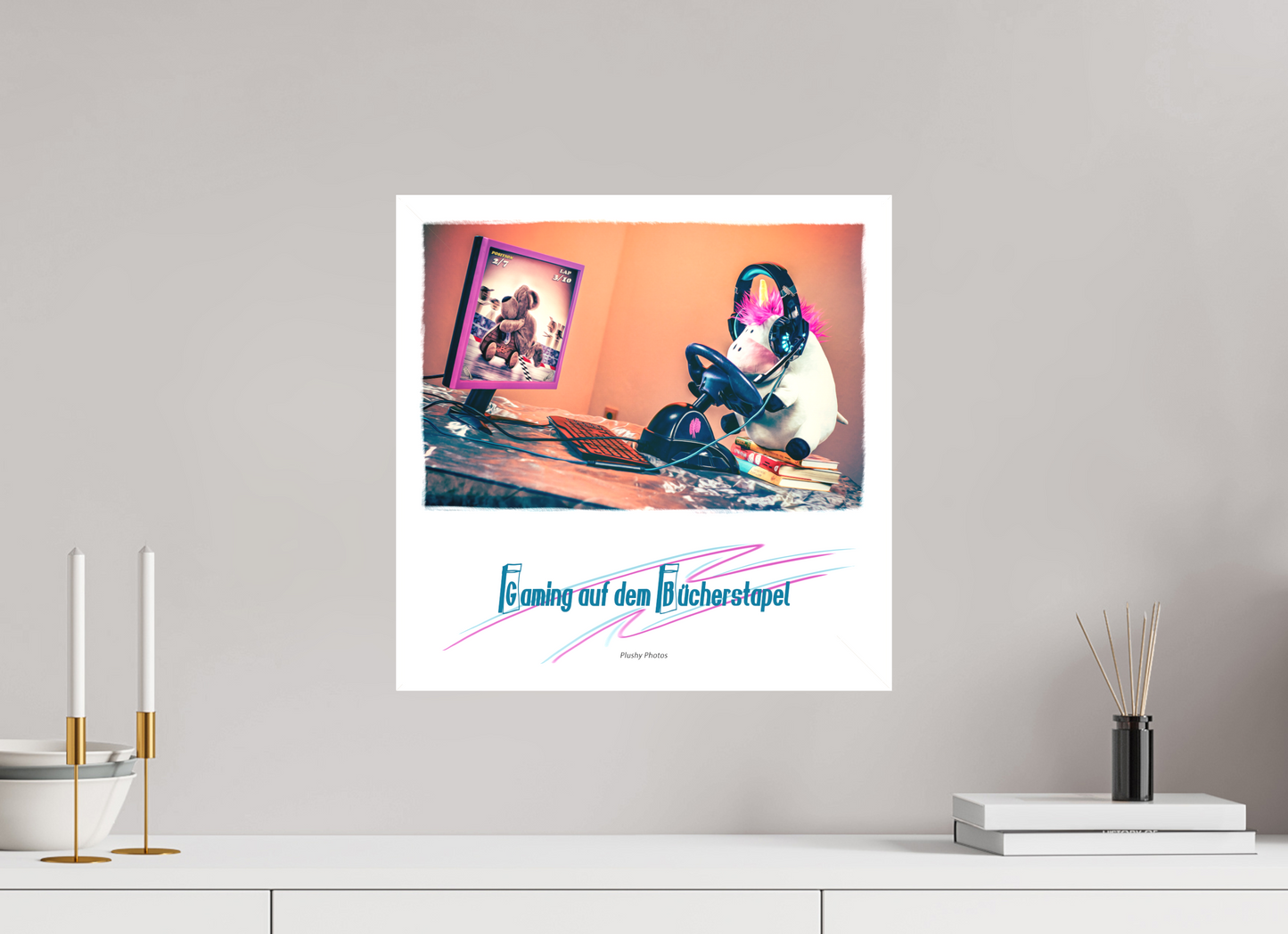 40 x 40 cm, Leinwand 60mm Leinwand Wandbild süsses Einhorn Kuscheltier auf dem Bücherstapel Deko Kinderzimmer