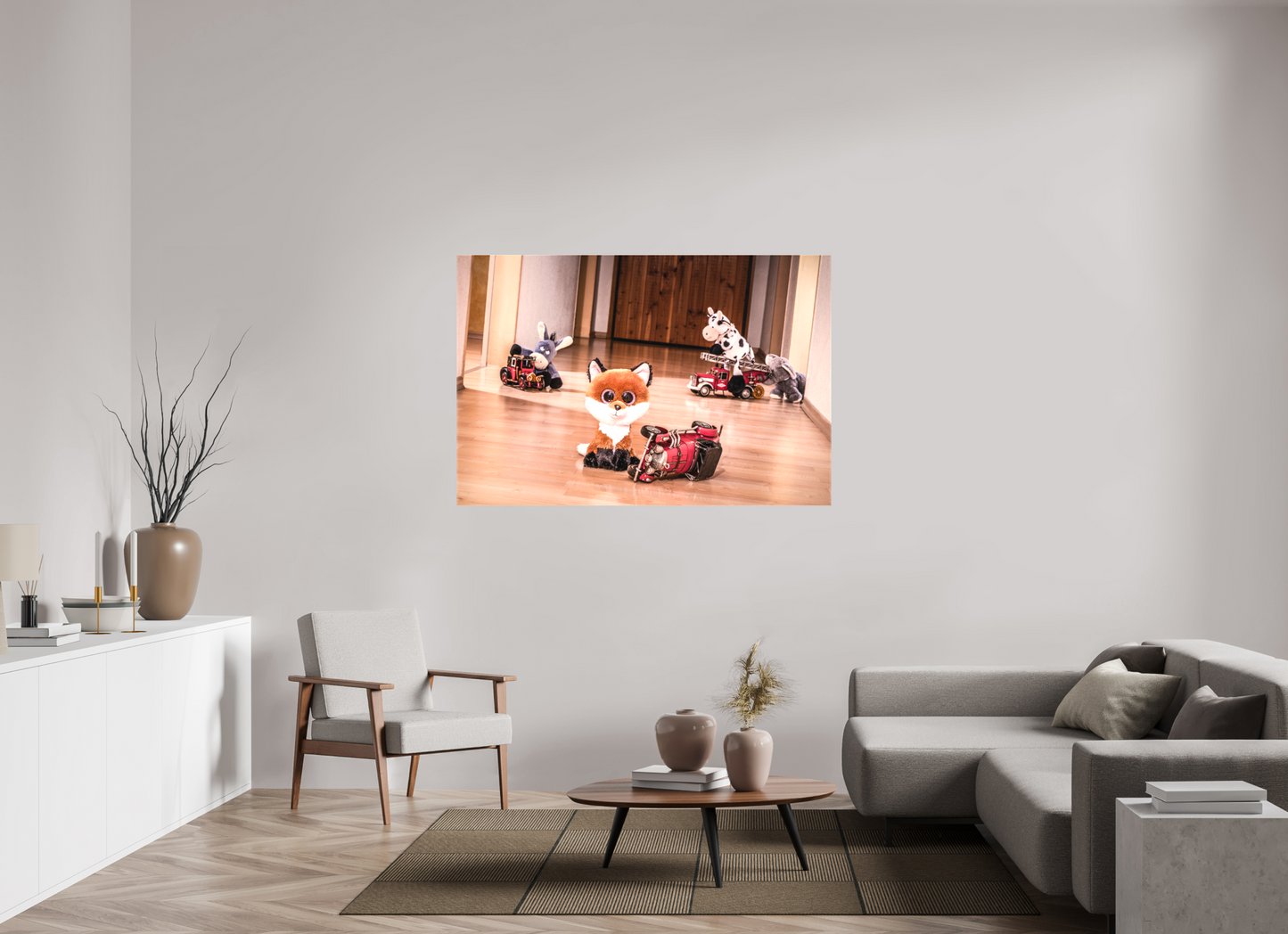 150 x 100 cm, Leinwand 60mm Leinwand Wandbild süsser Fuchs Kuscheltier spielt mit Blechauto Deko Kinderzimmer