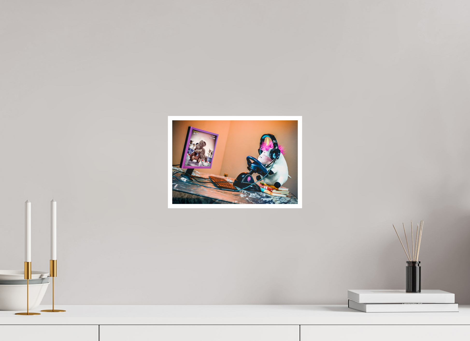 30 x 20 cm, Acrylglas 2mm Rand Acrylglas Wandbild süsses Einhorn Kuscheltier auf dem Bücherstapel Deko Kinderzimmer