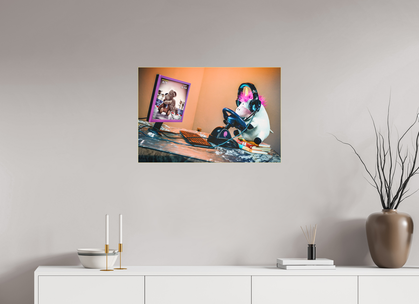 75 x 50 cm, Slimline-Einfassung gold Rahmen Wandbild Kuscheltiere Deko Kinderzimmer Einhorn Zocker_6