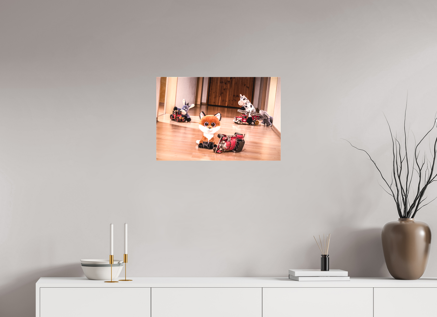 60 x 40 cm, Leinwand 60mm Leinwand Wandbild süsser Fuchs Kuscheltier spielt mit Blechauto Deko Kinderzimmer